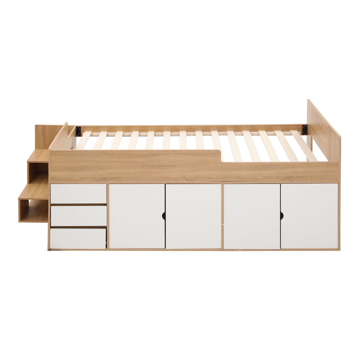 Zorielle Bed Frame with Storage 3 Drawers and Two-Step Access 2 Cabinets - White King Single