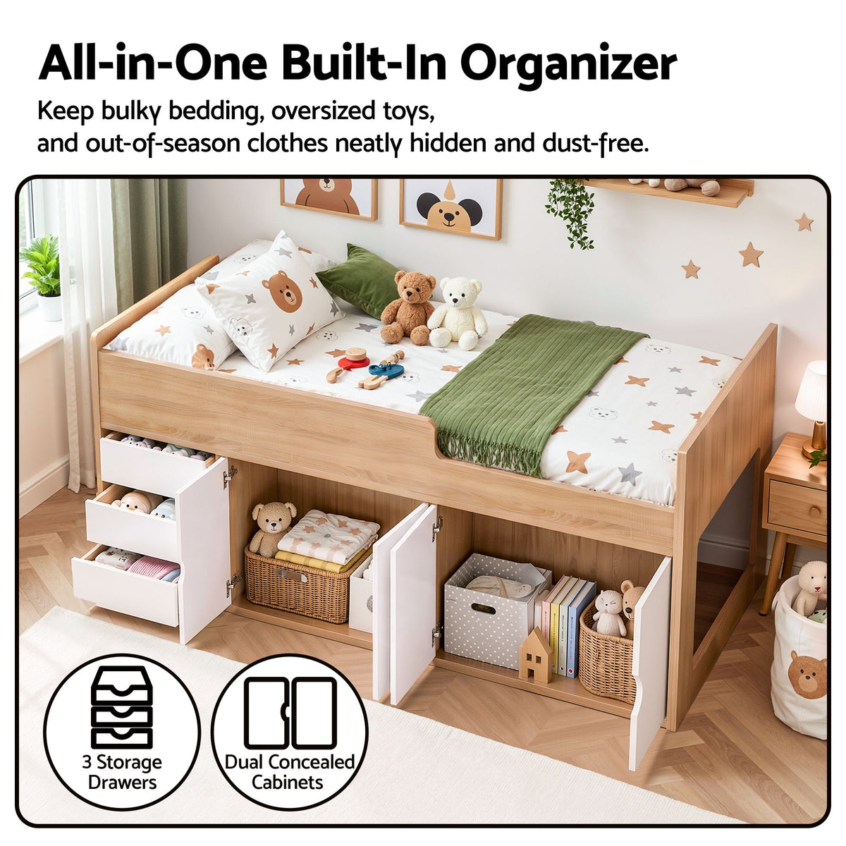Zorielle Bed Frame with Storage 3 Drawers and Two-Step Access 2 Cabinets - White King Single