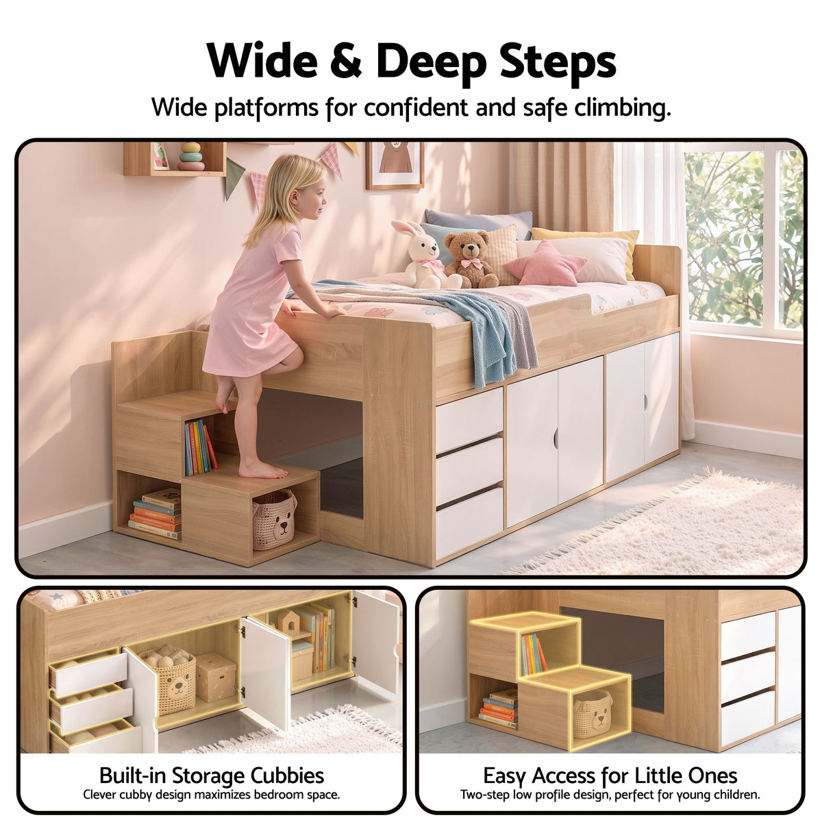 Zorielle Bed Frame with Storage 3 Drawers and Two-Step Access 2 Cabinets - White King Single