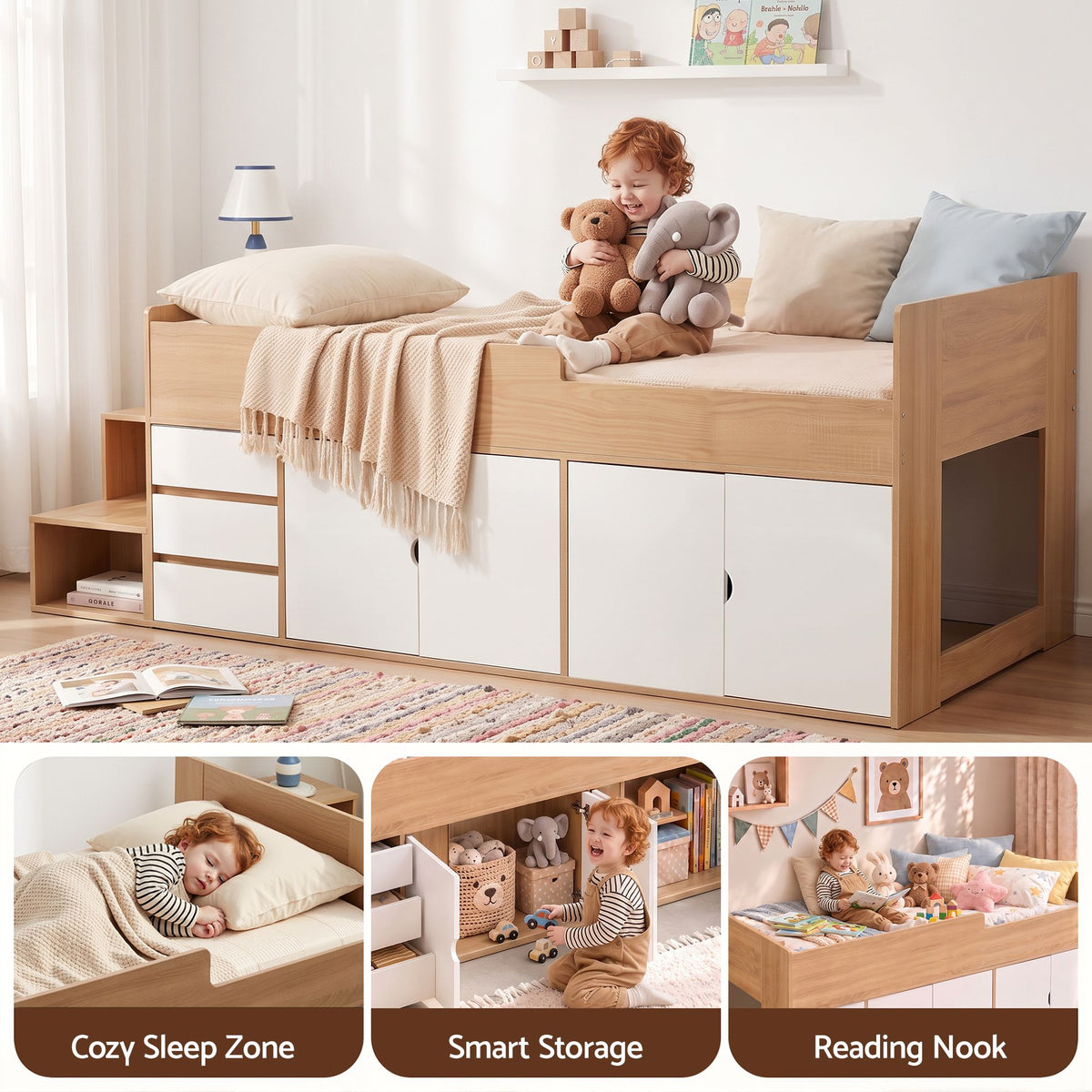 Zorielle Bed Frame with Storage 3 Drawers and Two-Step Access 2 Cabinets - White King Single