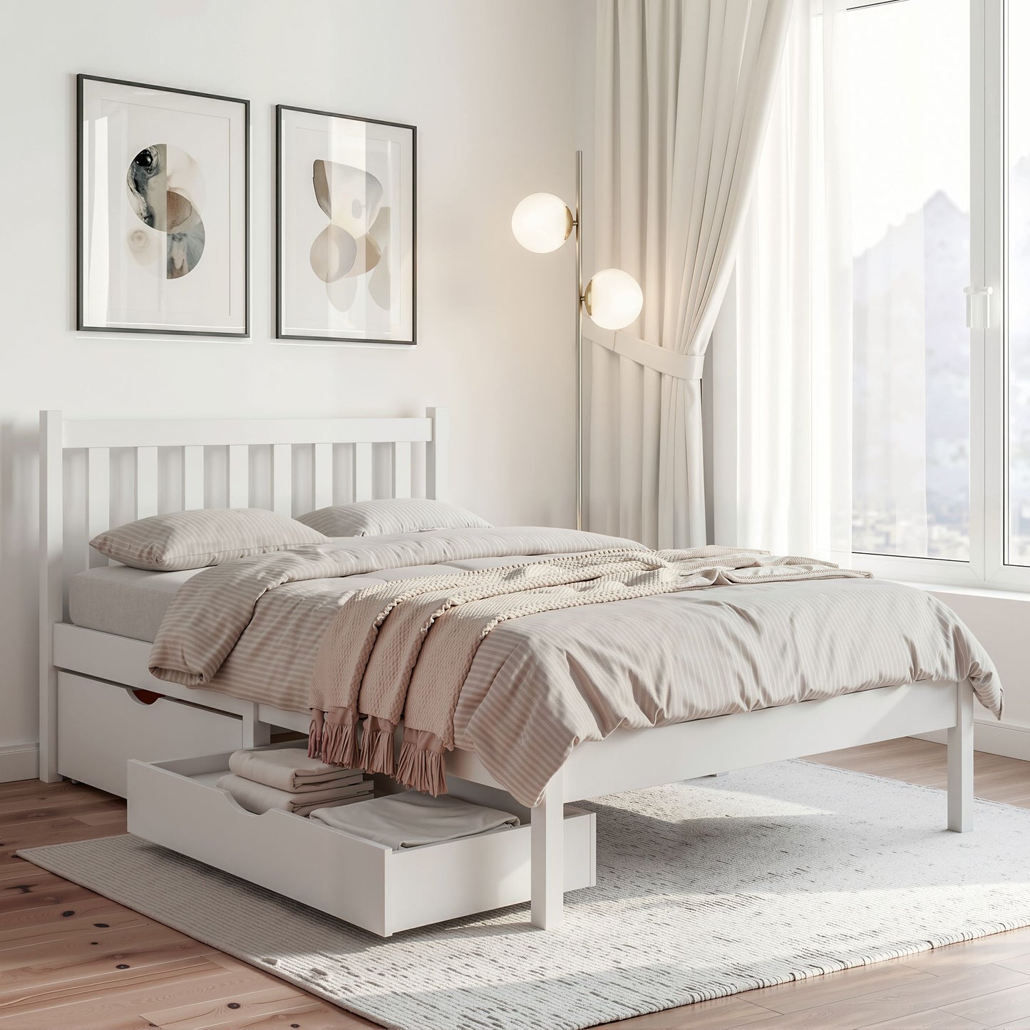 Serenia Bed Frame Wooden Platform with 2 Storage Drawers - White King Single