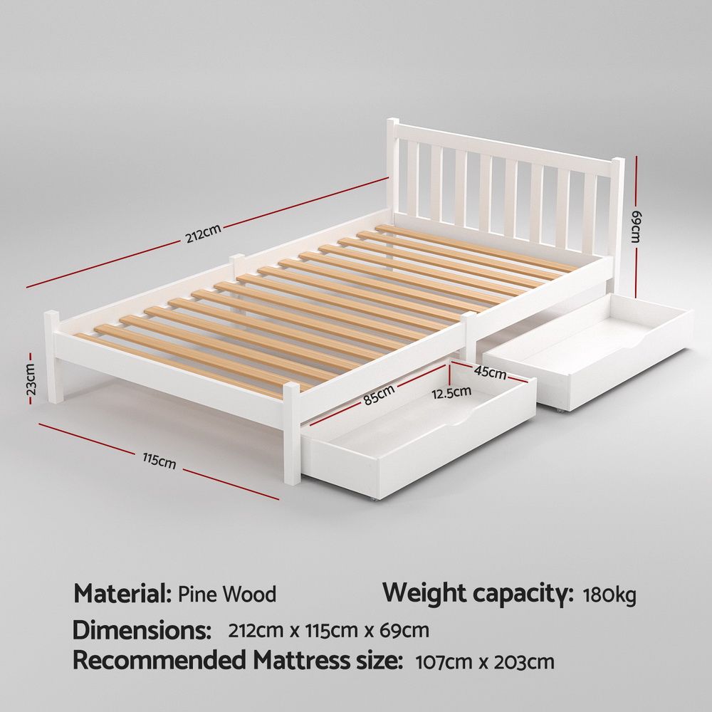 Serenia Bed Frame Wooden Platform with 2 Storage Drawers - White King Single