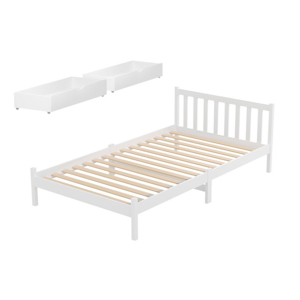 Serenia Bed Frame Wooden Platform with 2 Storage Drawers - White King Single