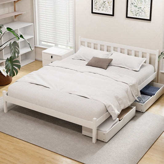 Serenia Bed Frame Wooden Platform with 2 Storage Drawers - White Queen