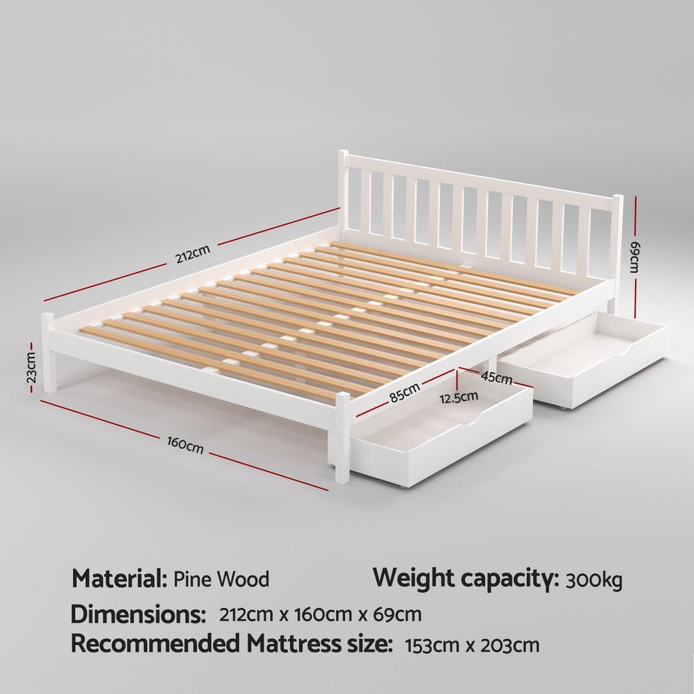 Serenia Bed Frame Wooden Platform with 2 Storage Drawers - White Queen