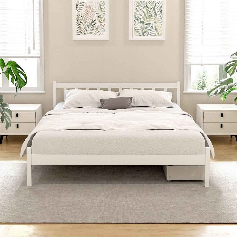 Serenia Bed Frame Wooden Platform with 2 Storage Drawers - White Queen