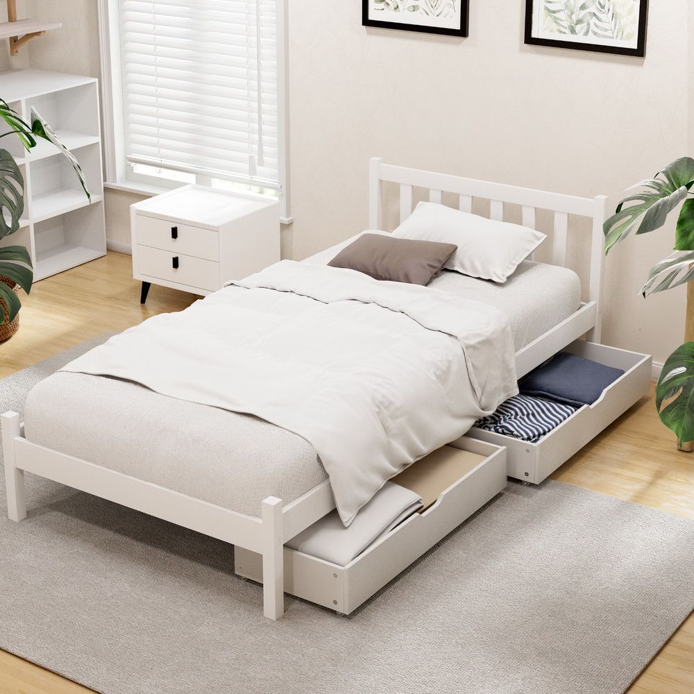 Serenia Bed Frame Wooden Platform with 2 Storage Drawers - White Single