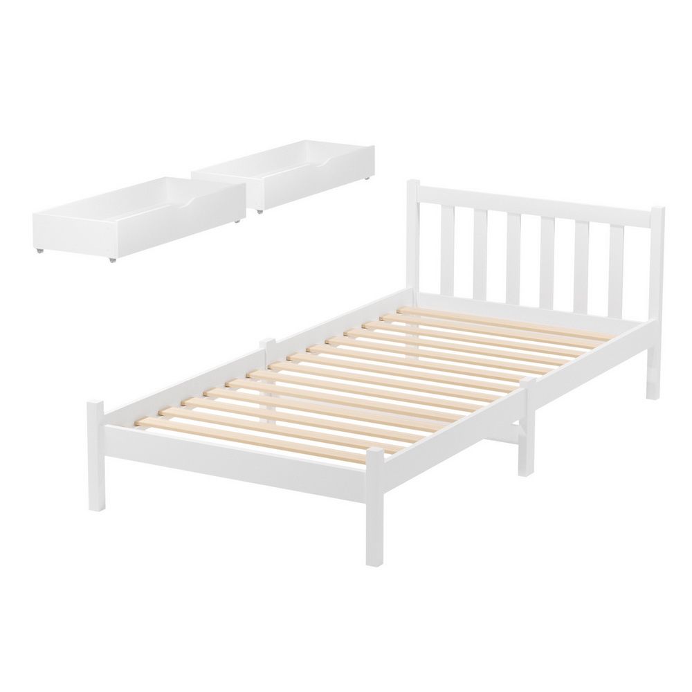 Serenia Bed Frame Wooden Platform with 2 Storage Drawers - White Single