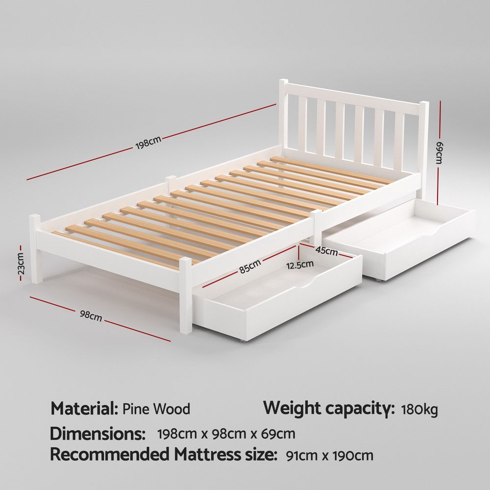Serenia Bed Frame Wooden Platform with 2 Storage Drawers - White Single