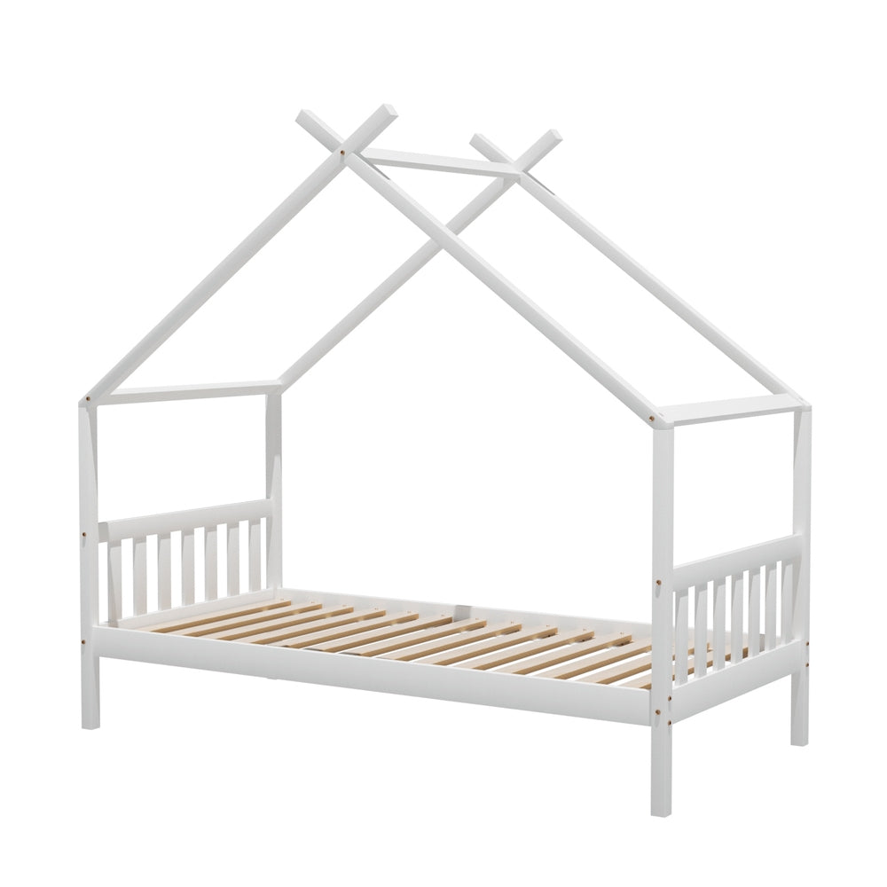 Isadora Bed Frame Wooden Base Kids Timber House Beds - White Single