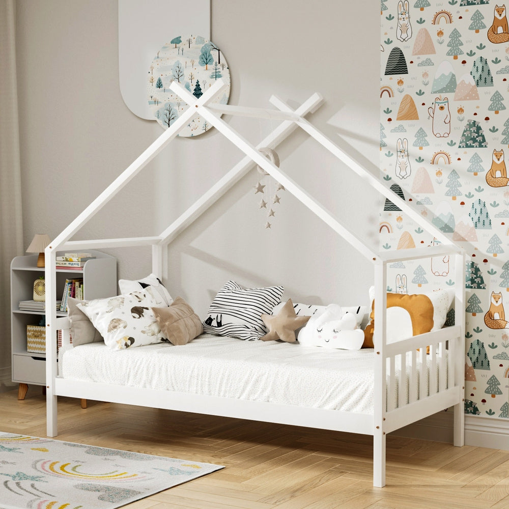 Isadora Bed Frame Wooden Base Kids Timber House Beds - White Single