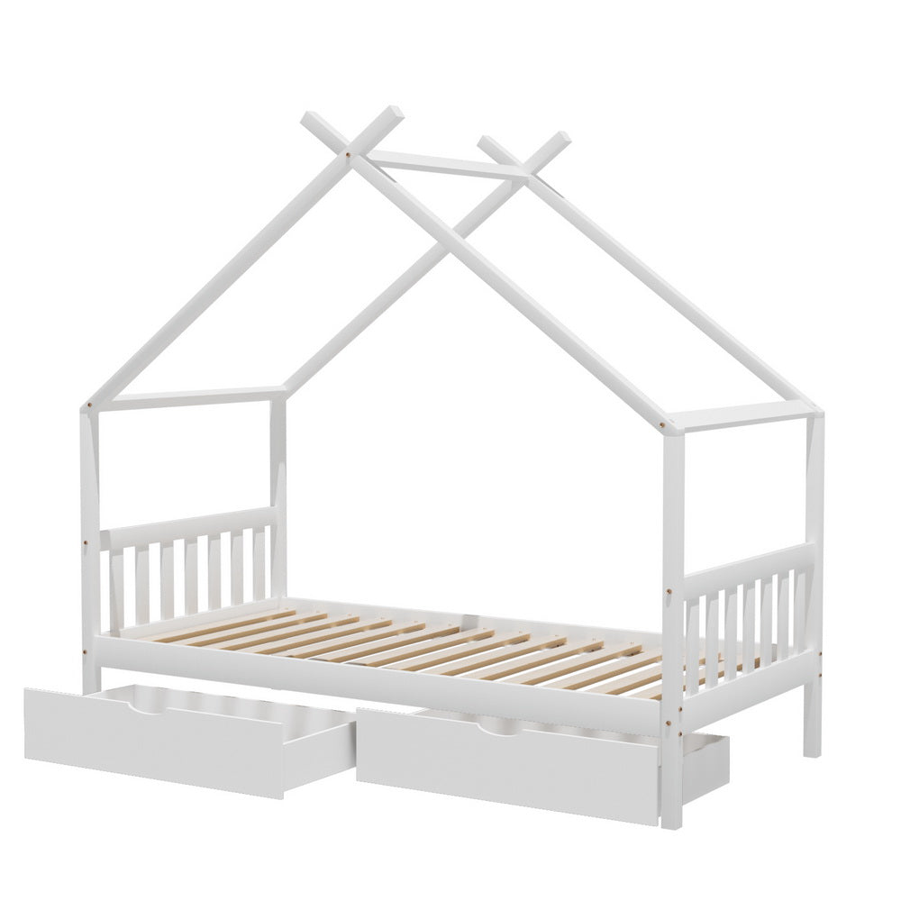 Isadora Bed Frame Wooden Base Kids Single Timber House with 2 Storage Drawers - White Single