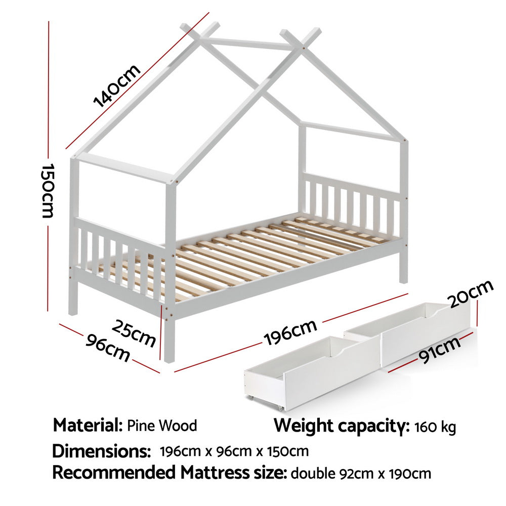 Isadora Bed Frame Wooden Base Kids Single Timber House with 2 Storage Drawers - White Single