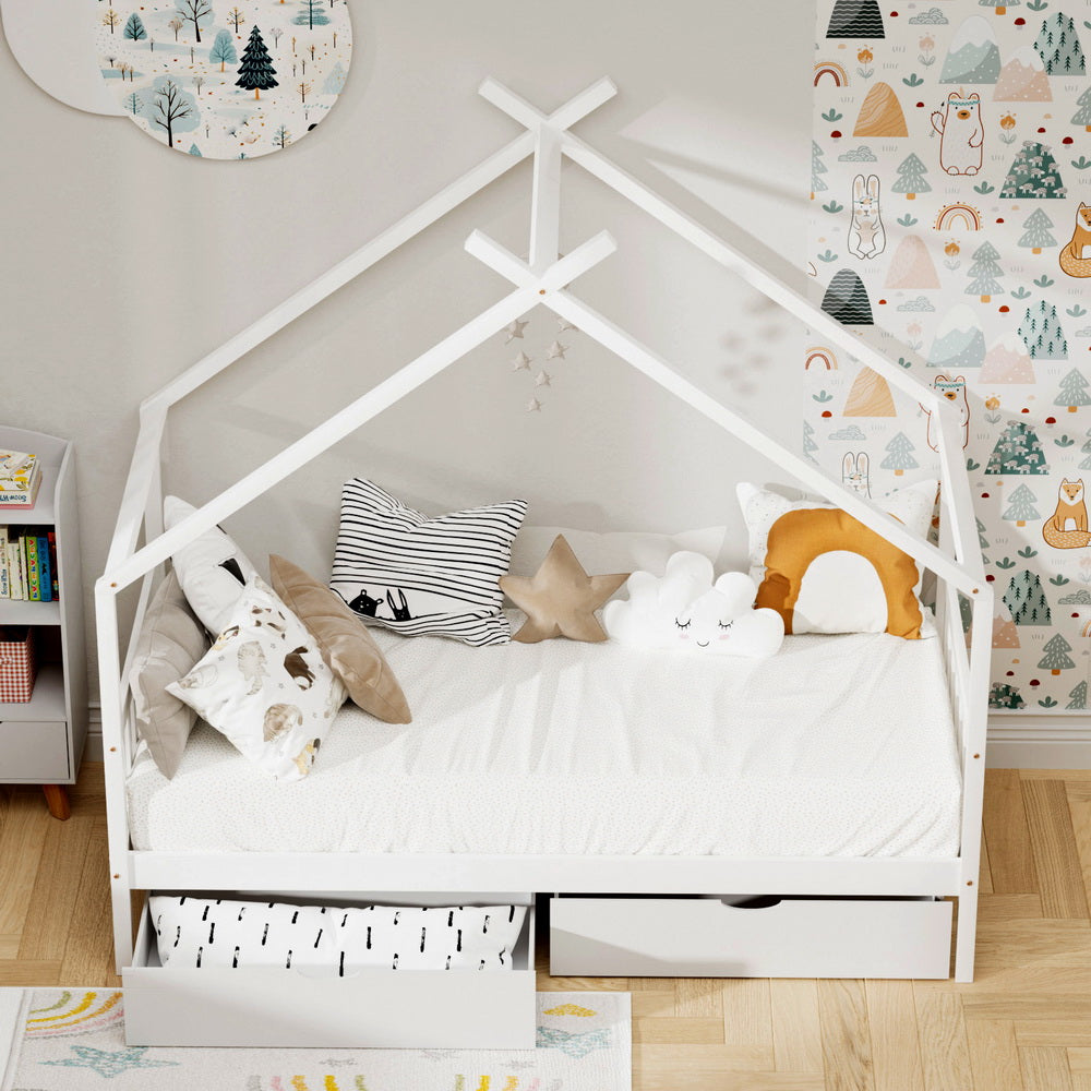 Isadora Bed Frame Wooden Base Kids Single Timber House with 2 Storage Drawers - White Single