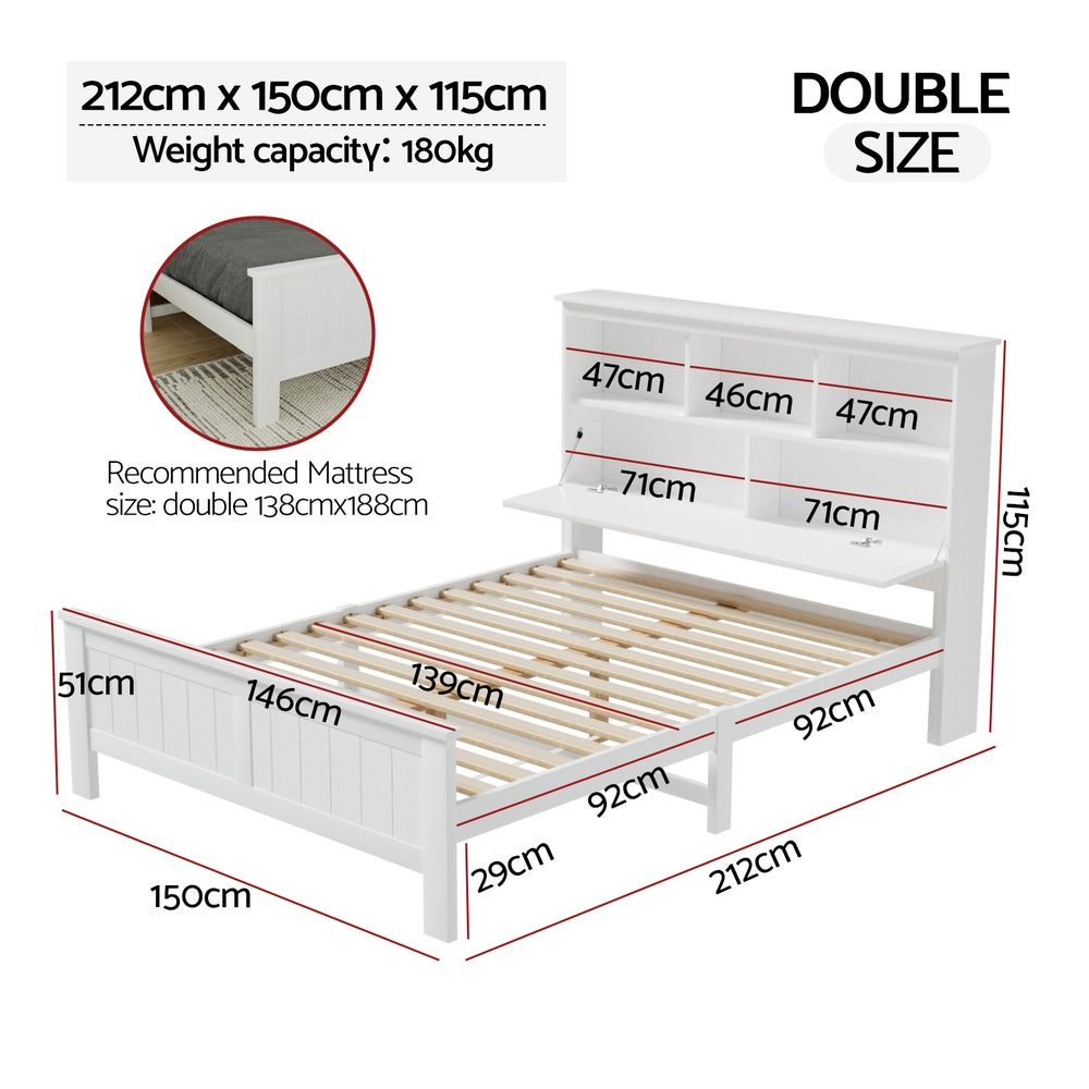 Briggs Bed Frame Size Wooden with 3 Shelves Bed Head - White Double
