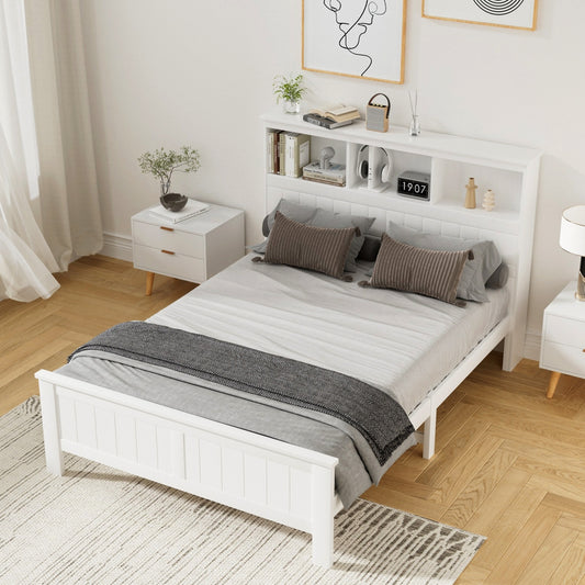 Briggs Bed Frame Size Wooden with 3 Shelves Bed Head - White Double