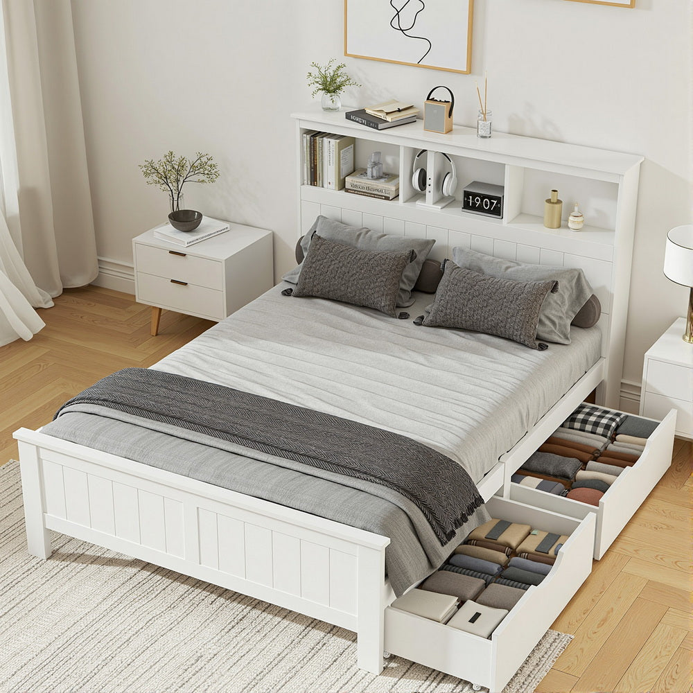 Briggs Bed Frame Size Wooden with 3 Shelves Bed Head - White Double