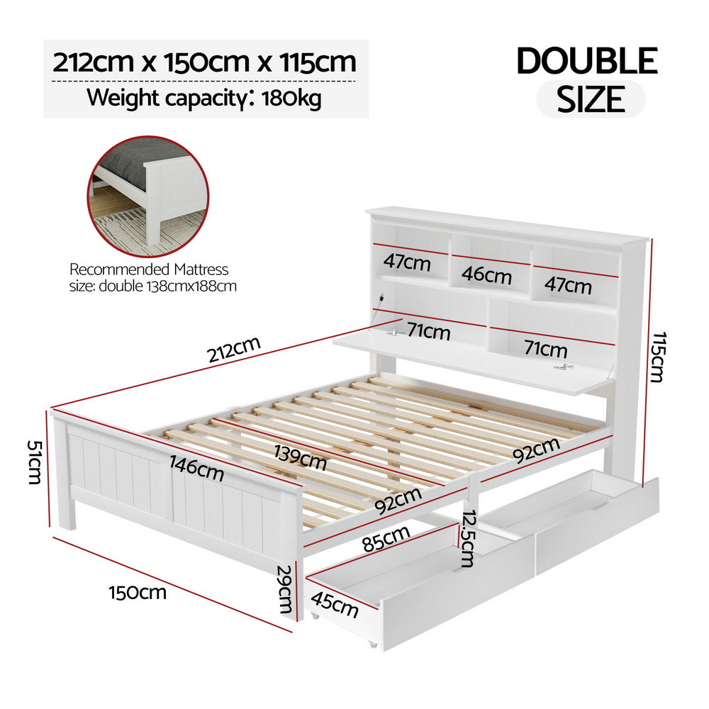 Briggs Bed Frame Size Wooden with 3 Shelves Bed Head - White Double