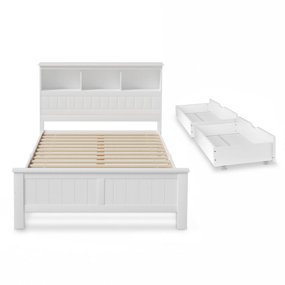 Briggs Bed Frame Size Wooden with 3 Shelves Bed Head - White Double