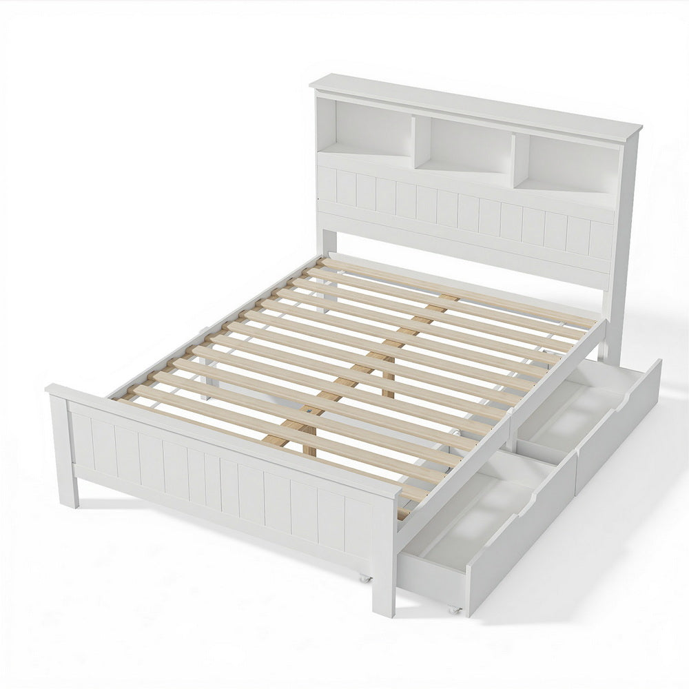 Briggs Bed Frame Size Wooden with 3 Shelves Bed Head - White Double