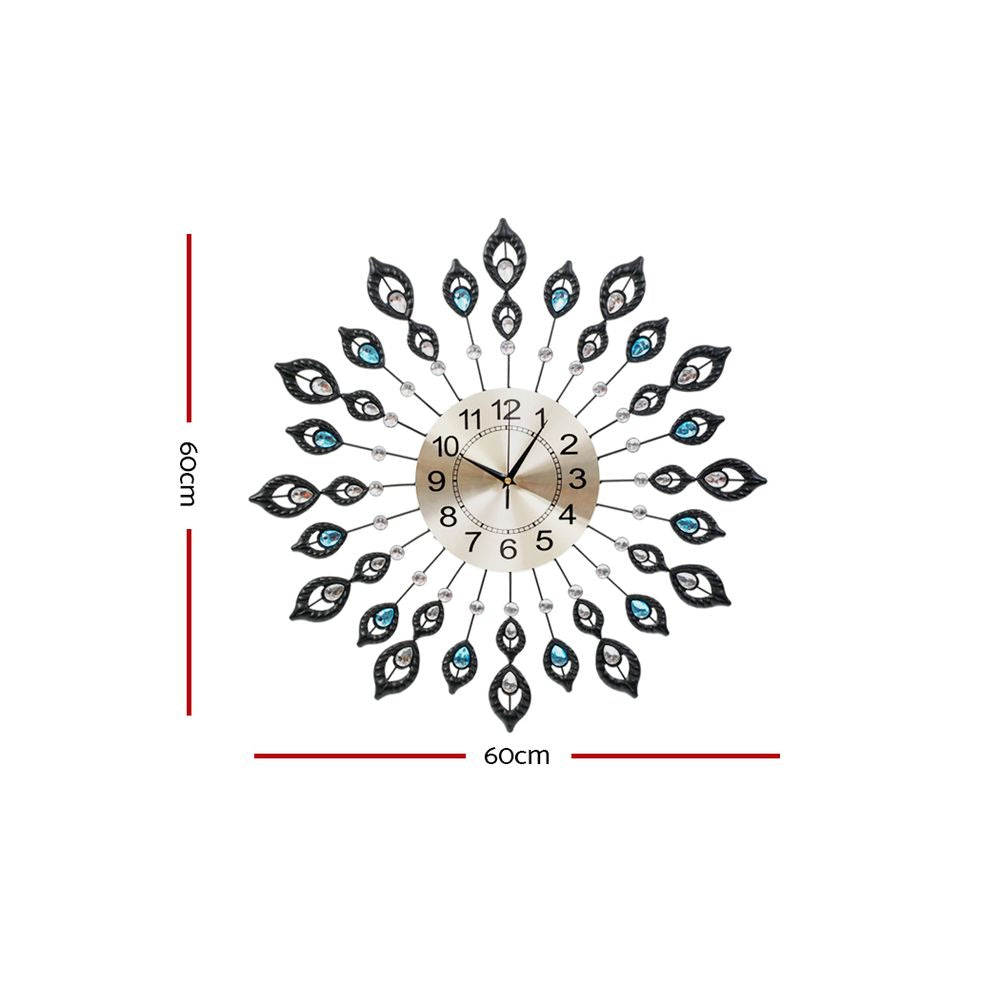 60CM Peacock Wall Clock Large 3D Modern Crystal Luxury Round Wall Clocks Home Decor Black