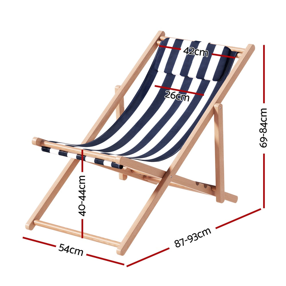 Damien Outdoor Chairs Sun Lounge Deck Beach Chair Folding Wooden Patio Furniture - Blue and White