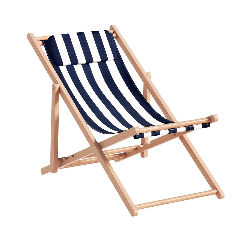 Damien Outdoor Chairs Sun Lounge Deck Beach Chair Folding Wooden Patio Furniture - Blue and White