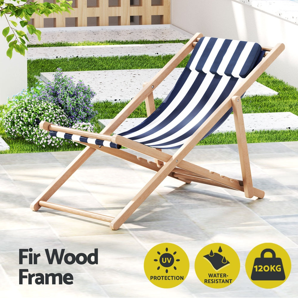 Damien Outdoor Chairs Sun Lounge Deck Beach Chair Folding Wooden Patio Furniture - Blue and White