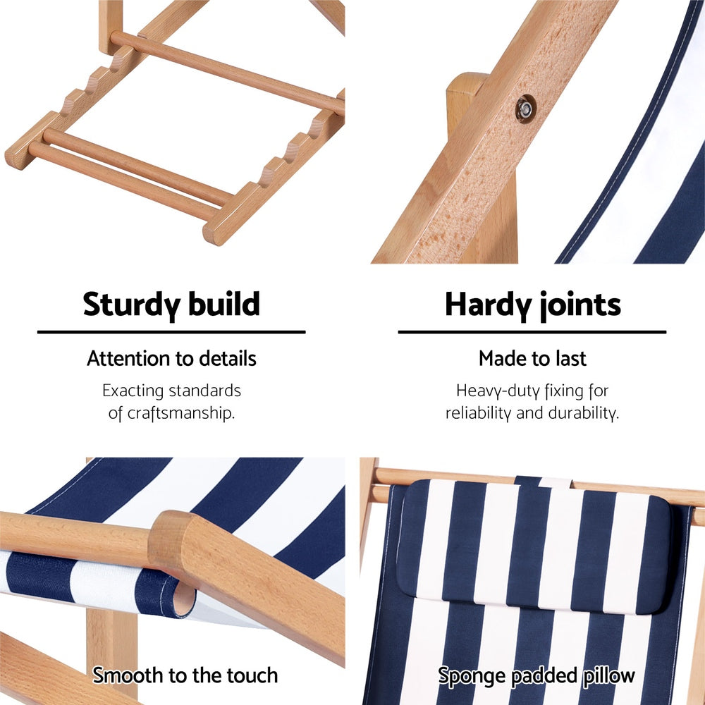Damien Outdoor Chairs Sun Lounge Deck Beach Chair Folding Wooden Patio Furniture - Blue and White