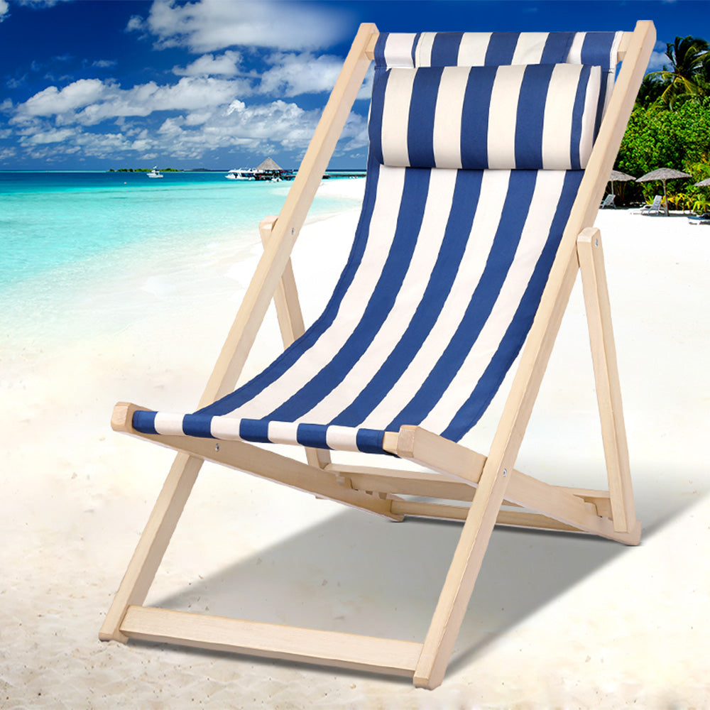 Damien Outdoor Chairs Sun Lounge Deck Beach Chair Folding Wooden Patio Furniture - Blue and White