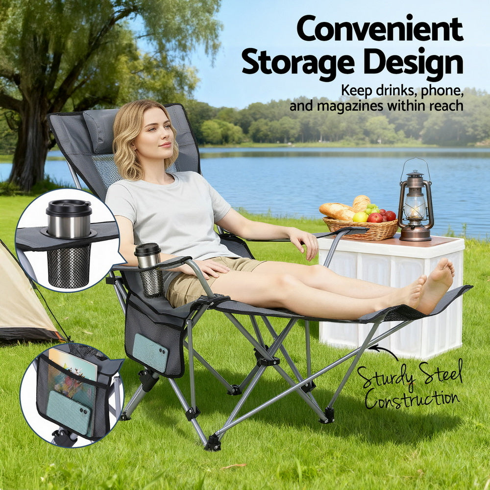 Camping Chair Adjustable Reclining Portable Outdoor Folding Chair Grey