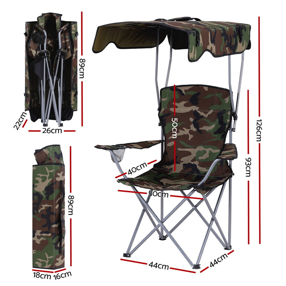 Camping Chair With Canopy Folding Outdoor Portable Seat Lightweight Beach Picnic Fishing Capacity 120KG Army Green