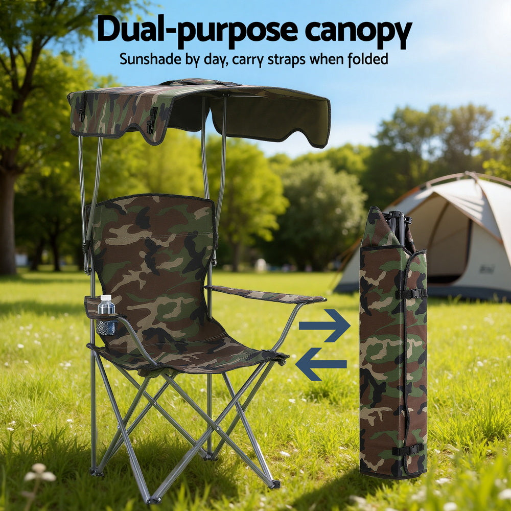 Camping Chair With Canopy Folding Outdoor Portable Seat Lightweight Beach Picnic Fishing Capacity 120KG Army Green