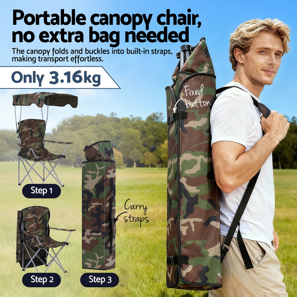 Camping Chair With Canopy Folding Outdoor Portable Seat Lightweight Beach Picnic Fishing Capacity 120KG Army Green