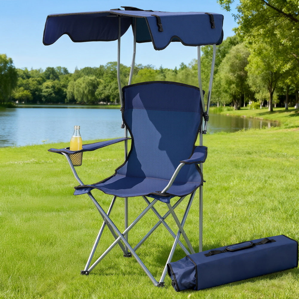 Camping Chair With Canopy Folding Outdoor Portable Seat Lightweight Beach Picnic Fishing Capacity 120KG Navy Blue