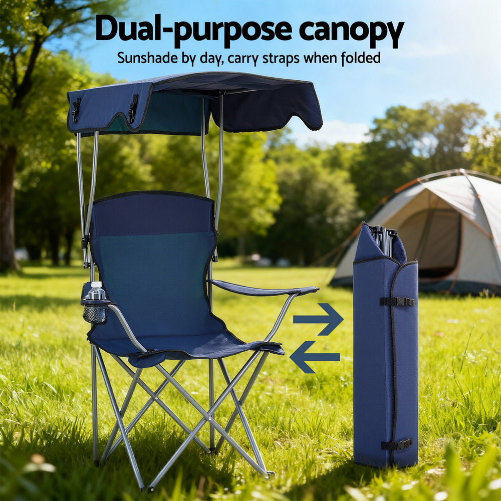 Camping Chair With Canopy Folding Outdoor Portable Seat Lightweight Beach Picnic Fishing Capacity 120KG Navy Blue
