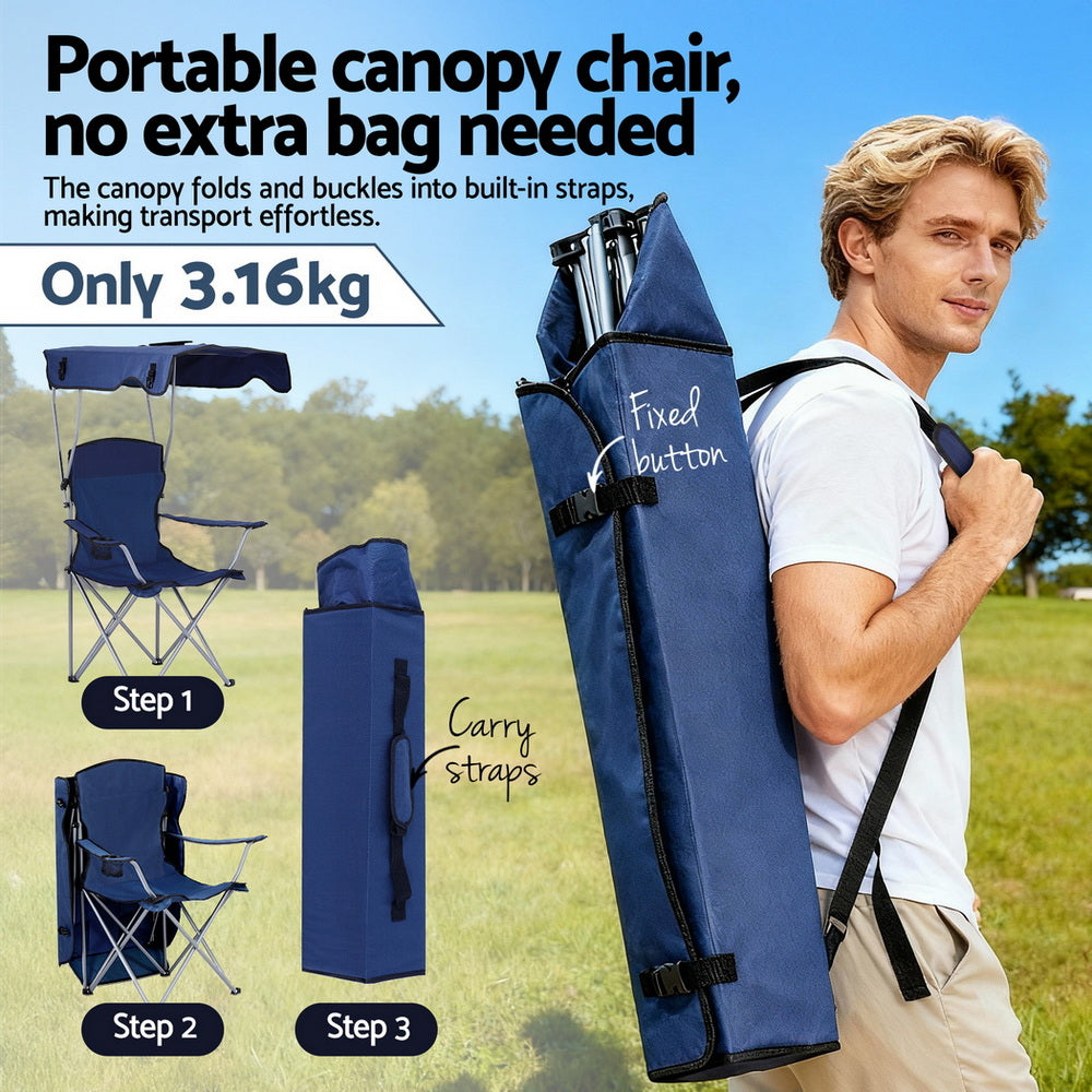 Camping Chair With Canopy Folding Outdoor Portable Seat Lightweight Beach Picnic Fishing Capacity 120KG Navy Blue
