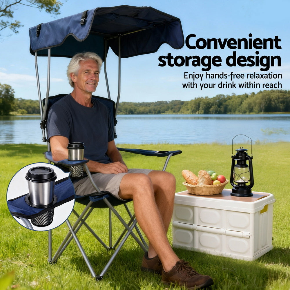 Camping Chair With Canopy Folding Outdoor Portable Seat Lightweight Beach Picnic Fishing Capacity 120KG Navy Blue