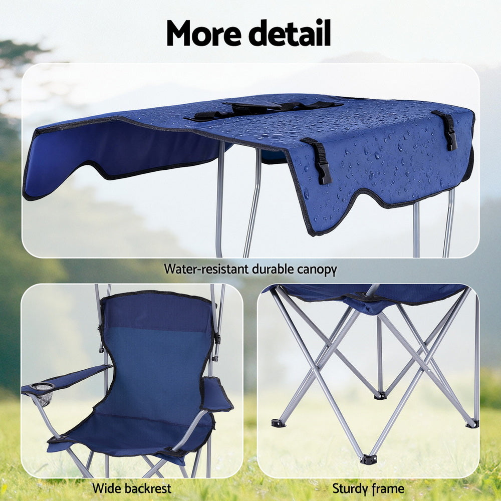Camping Chair With Canopy Folding Outdoor Portable Seat Lightweight Beach Picnic Fishing Capacity 120KG Navy Blue