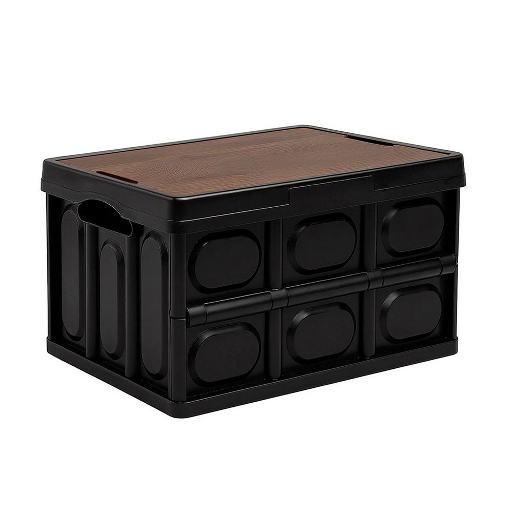 Collapsible Outdoor Storage Box 50L Stackable Folding Camping Organizer Plywood Lid Black