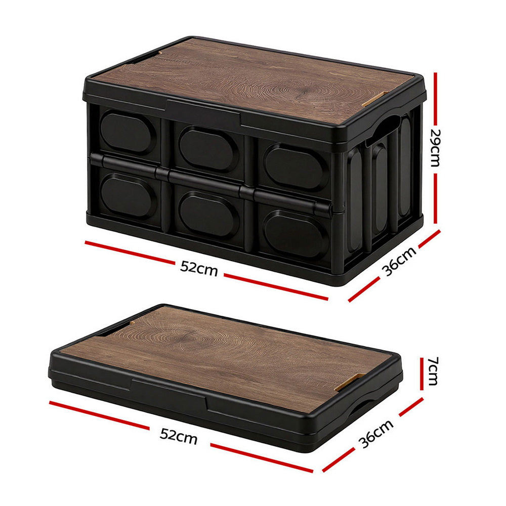 Collapsible Outdoor Storage Box 50L Stackable Folding Camping Organizer Plywood Lid Black