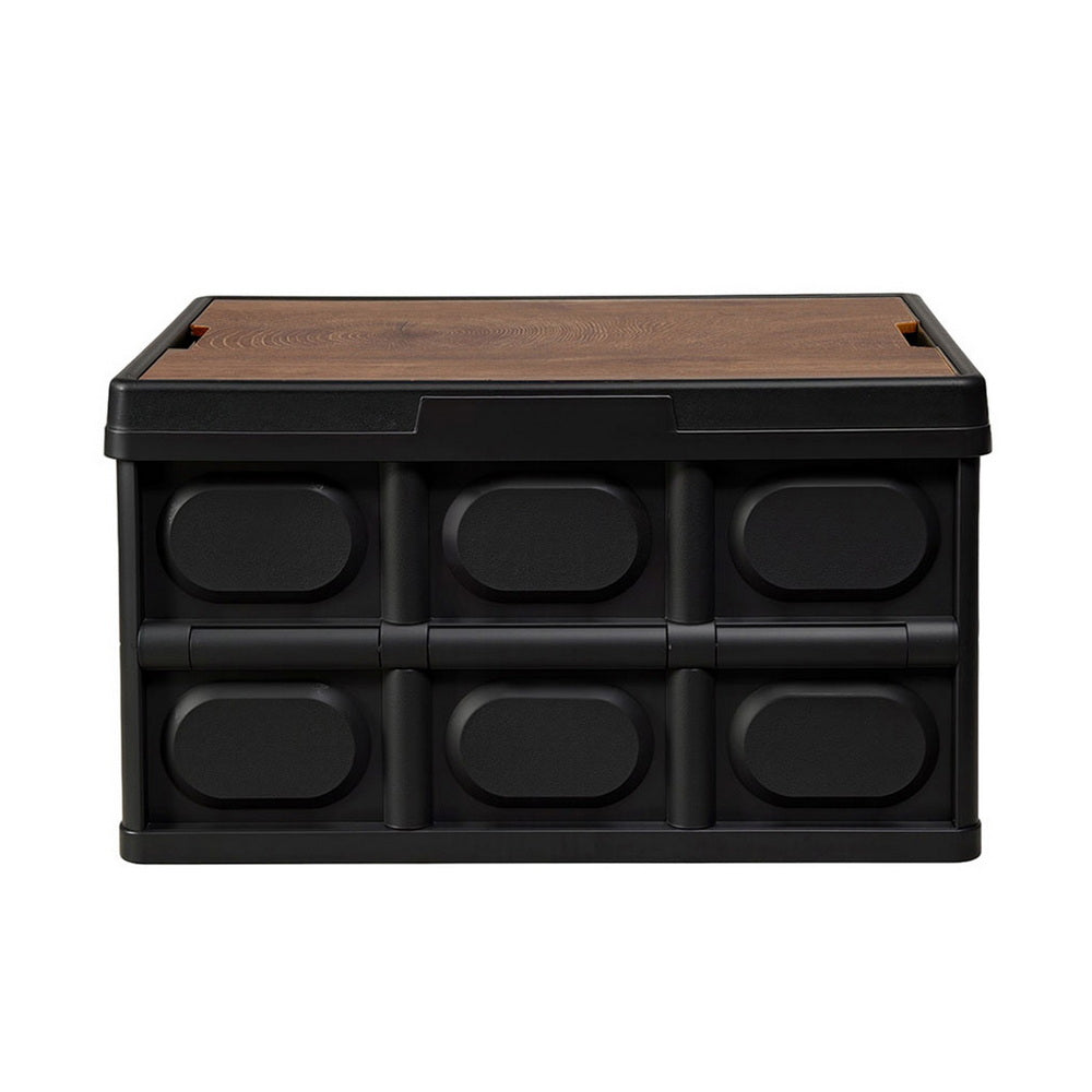 Collapsible Outdoor Storage Box 50L Stackable Folding Camping Organizer Plywood Lid Black