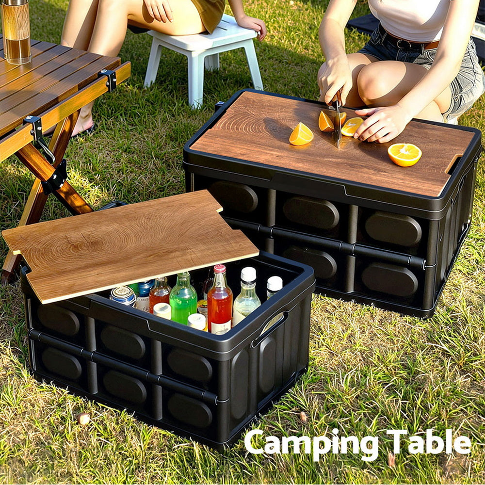 Collapsible Outdoor Storage Box 50L Stackable Folding Camping Organizer Plywood Lid Black