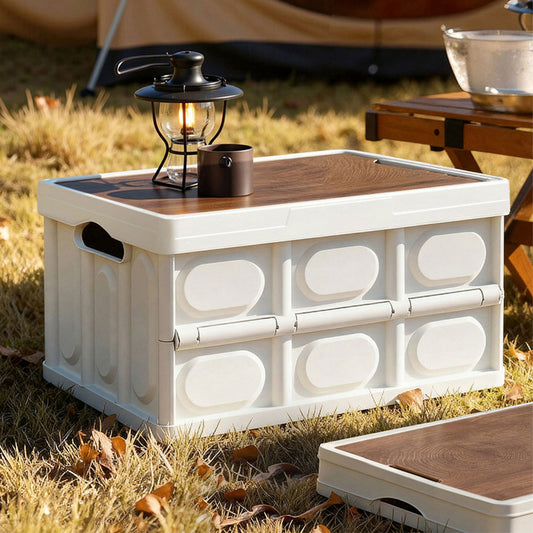 Collapsible Outdoor Storage Box 50L Stackable Folding Camping Organizer Plywood Lid Beige