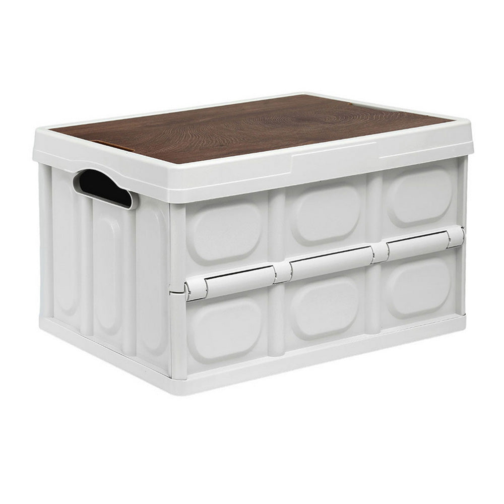 Collapsible Outdoor Storage Box 50L Stackable Folding Camping Organizer Plywood Lid Beige
