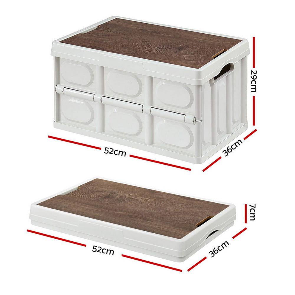 Collapsible Outdoor Storage Box 50L Stackable Folding Camping Organizer Plywood Lid Beige