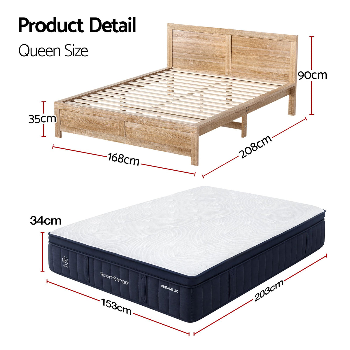 Yowah Bed & Mattress Package with 34cm Mattress Medium Cooling Gel Mattress - Natural Queen