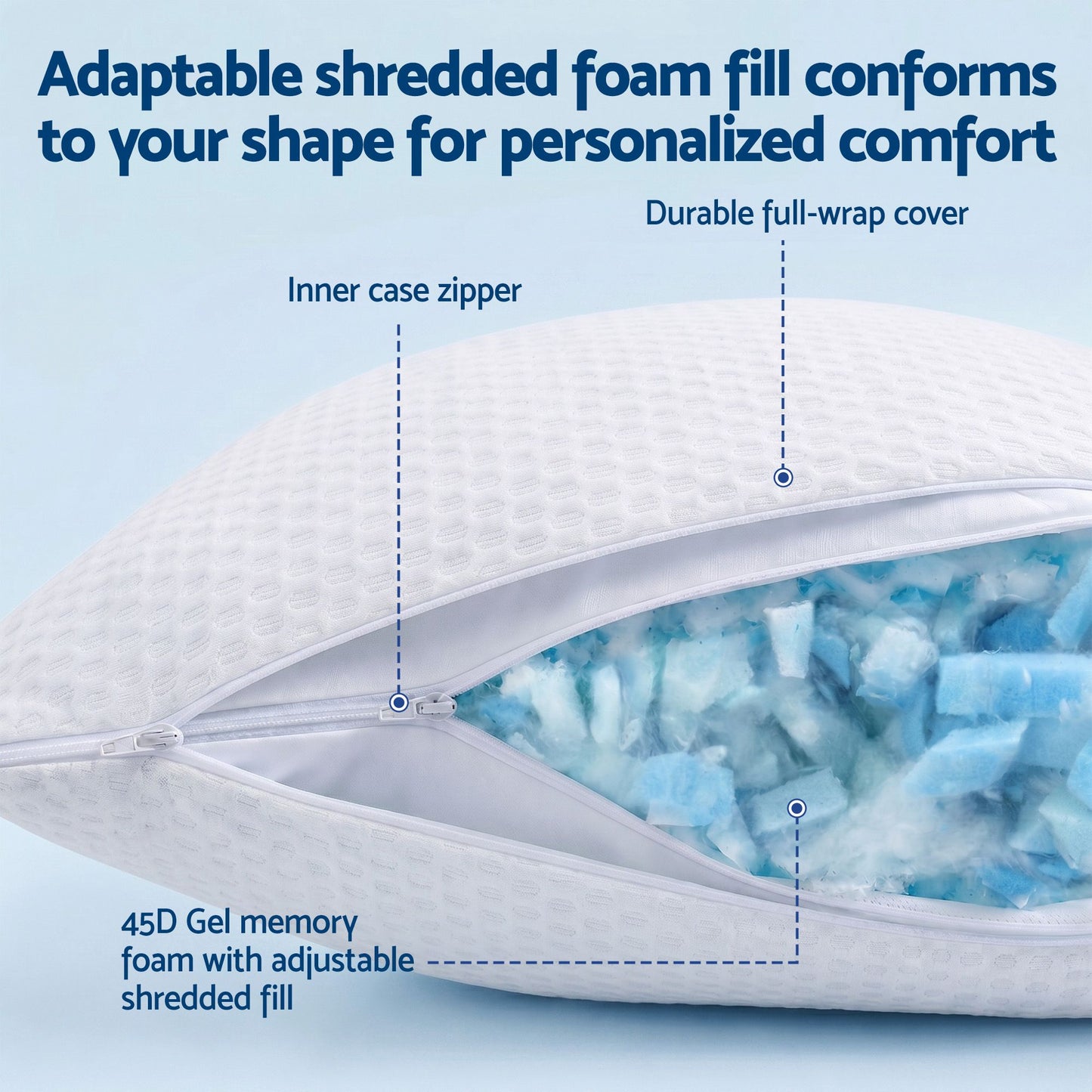 Cooling Memory Foam Pillows Anti-Clumping Solid Core Washable Cover - White
