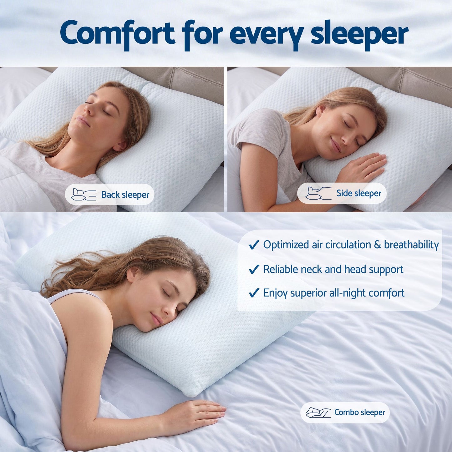 Cooling Memory Foam Pillows Anti-Clumping Solid Core Washable Cover - White