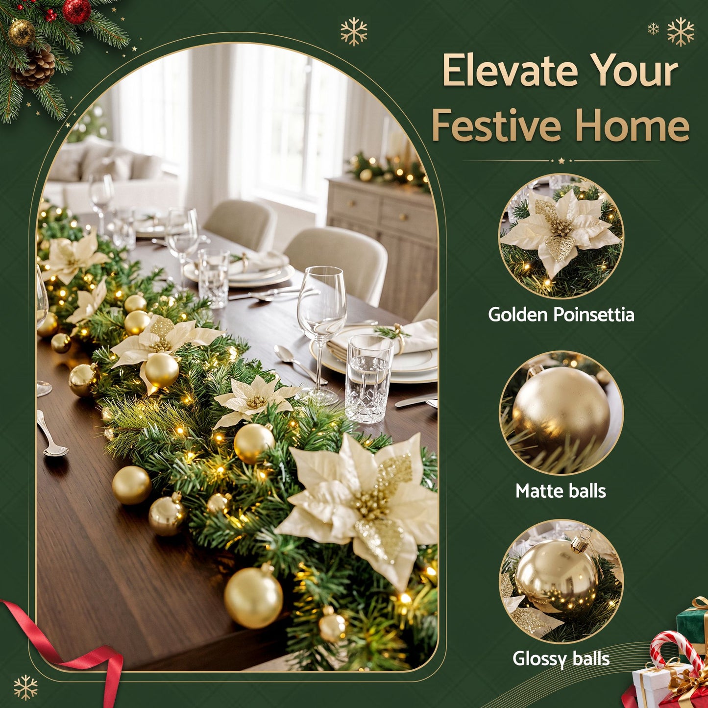 2.7M Christmas Garland 8 Mode LEDs Timing 200 Tips Flowers Balls